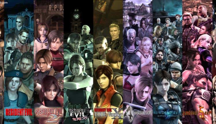 Ett collage av bilder från Resident Evil -serien